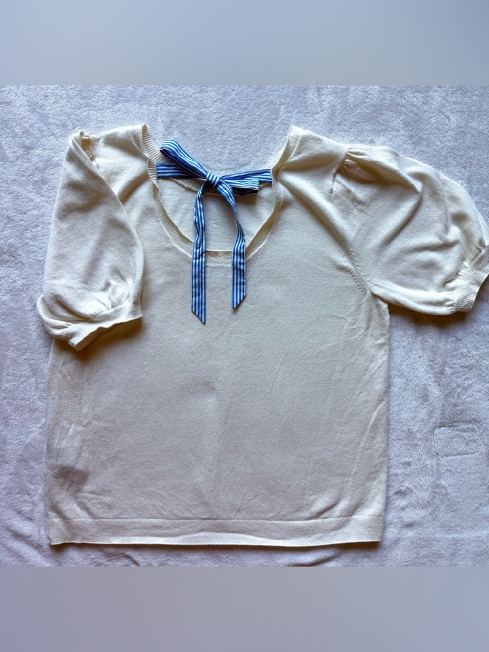 J. Crew Factory Cream Puff Sleeve Sweater with Blue Striped BACK Neck Tie
